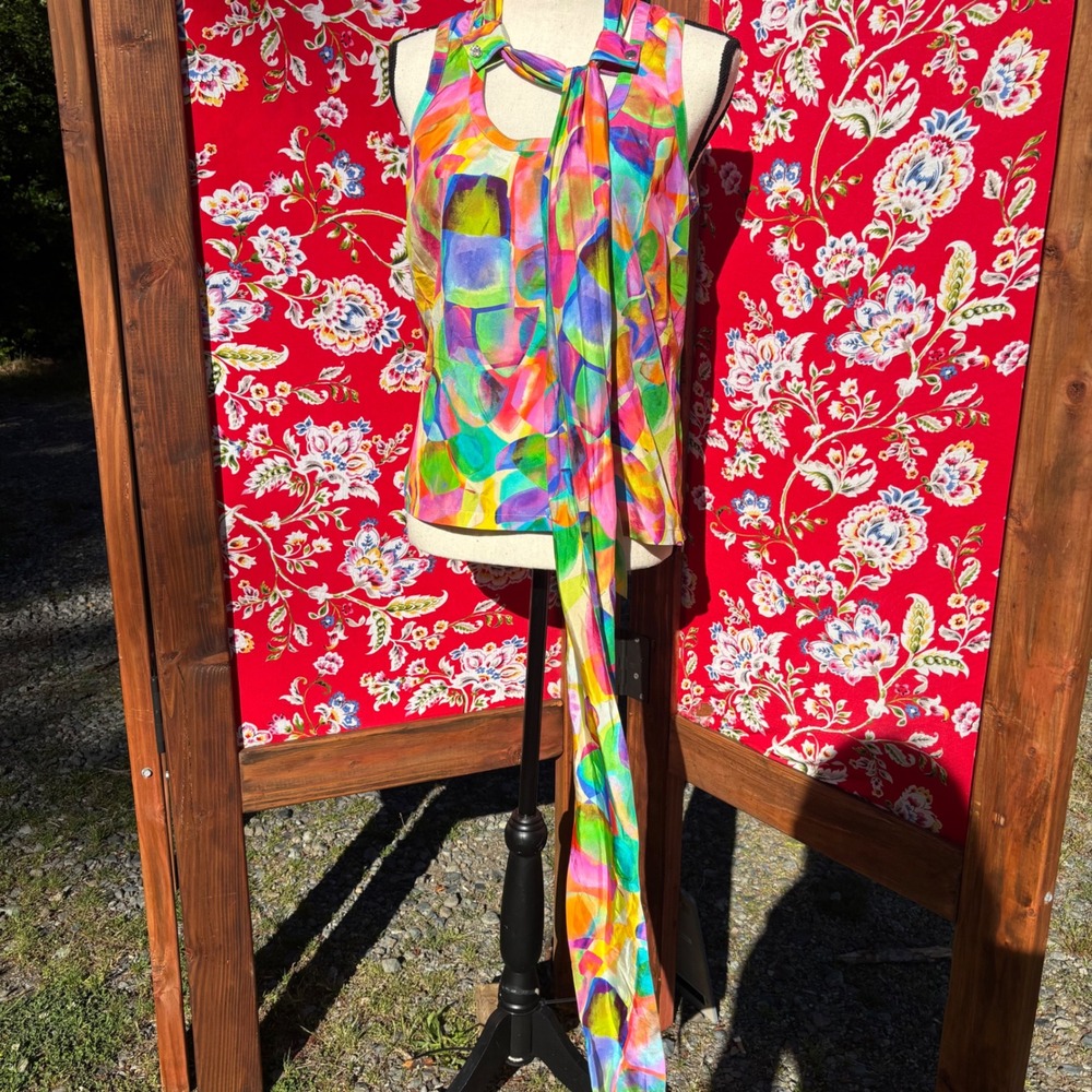 100% Silk Vibrant Multicolor Neck Tie Sleeveless Artsy Boho Chic Blouse Size S - Picture 4 of 13